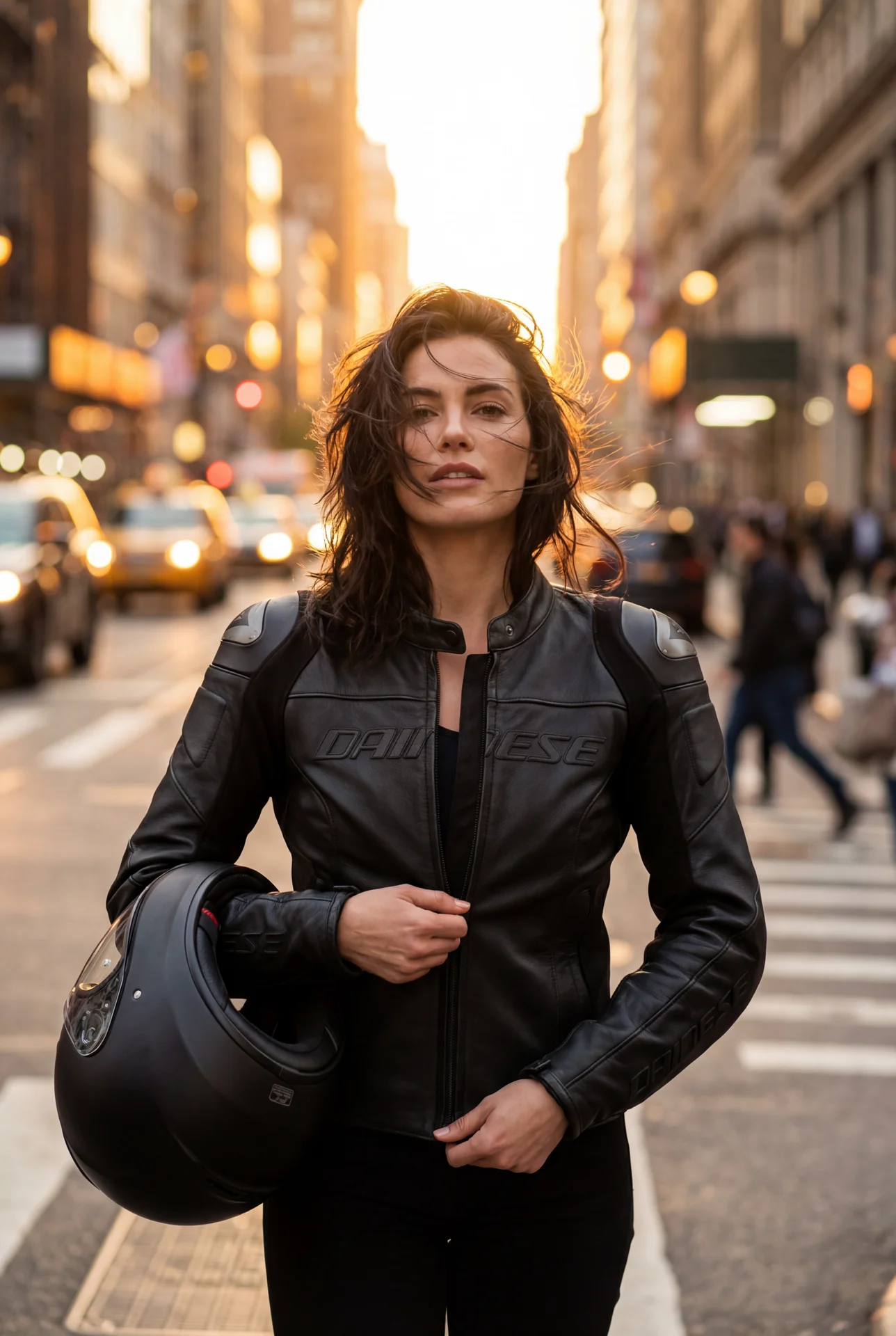 Mujer motorista con chaqueta de moto ajustada con tallaje femenino y protecciones CE