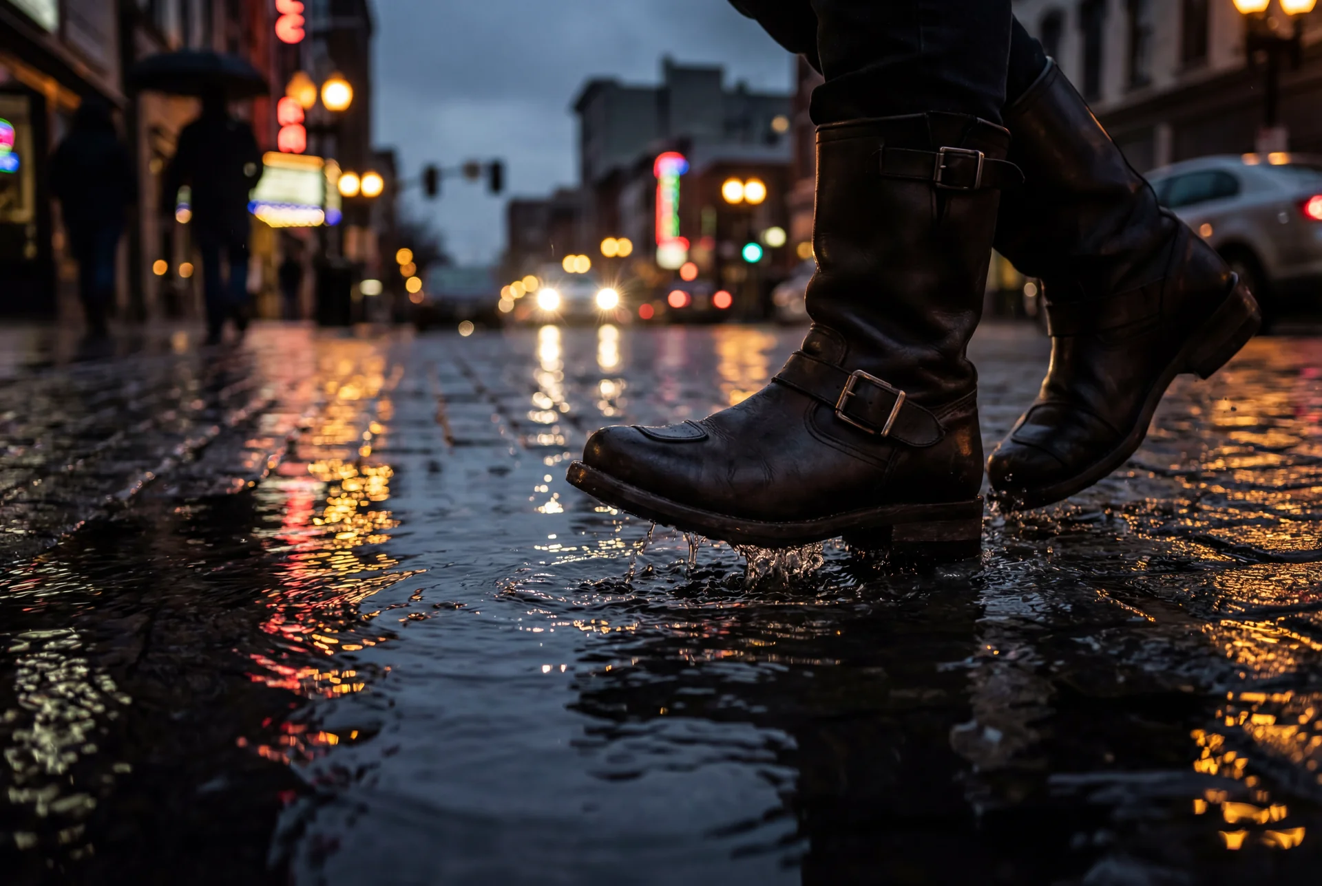 Botas urbanas de moto con proteccion de tobillo oculta caminando sobre pavimento mojado