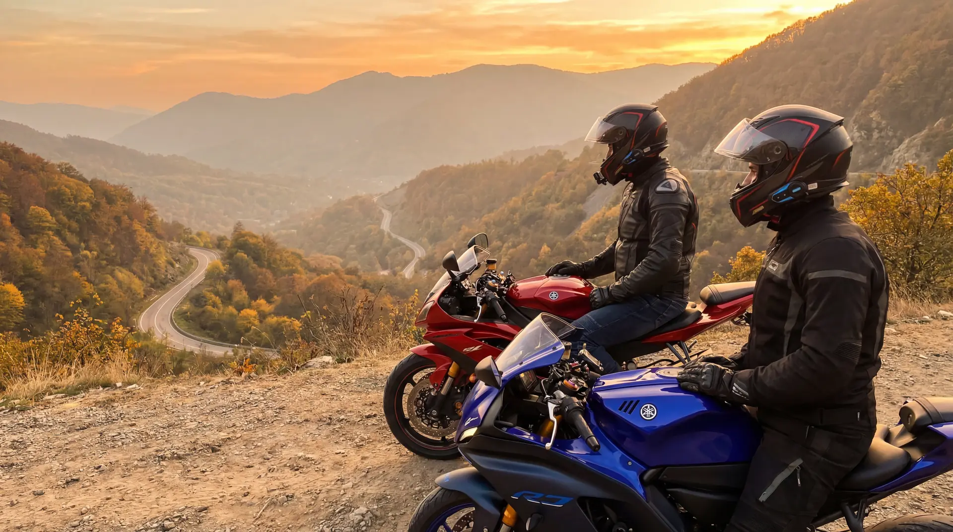 Dos motoristas comunicandose con intercomunicadores Bluetooth en una ruta de montana al atardecer