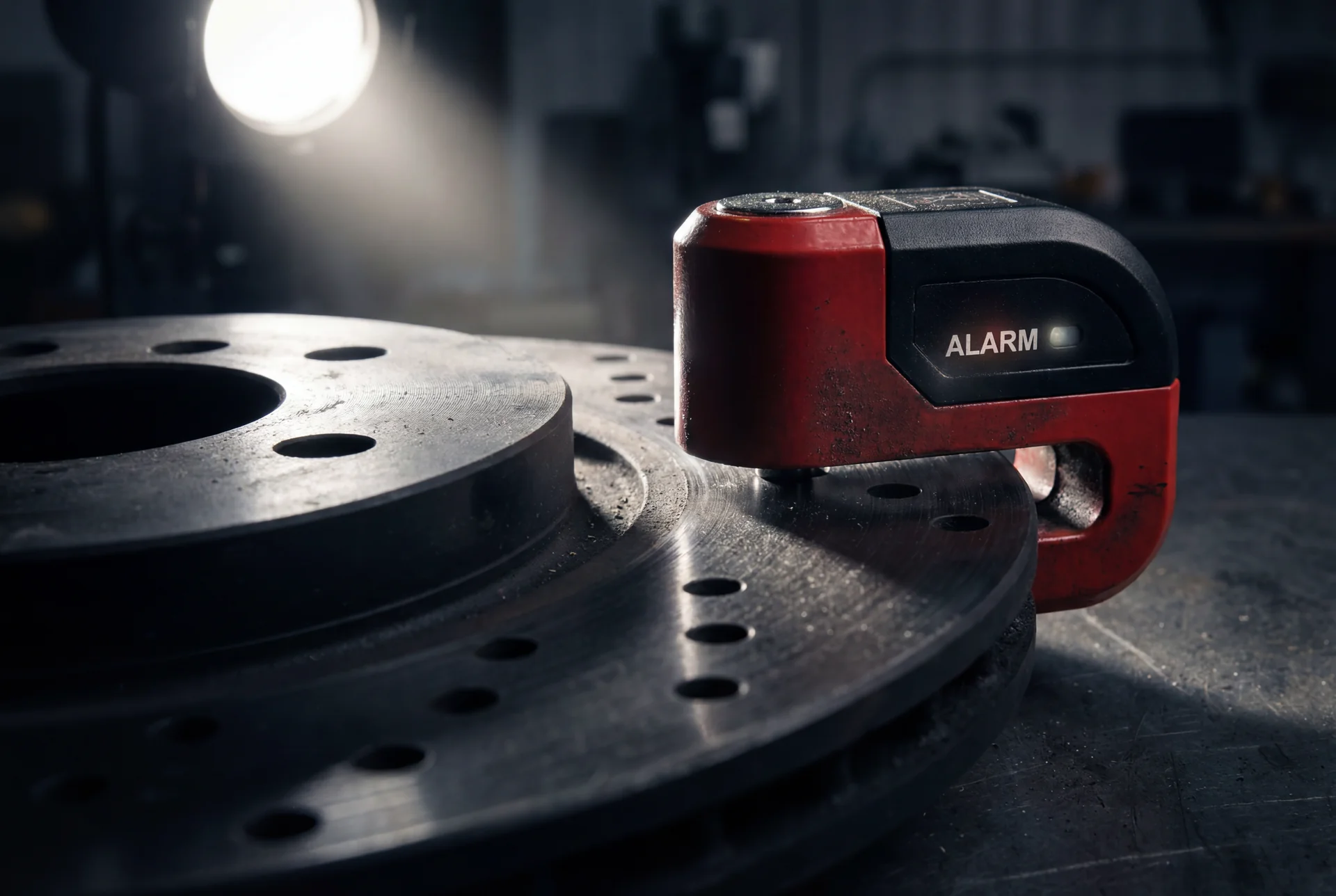 Candado de disco con alarma de moto color rojo y negro instalado en el rotor de freno con luz LED