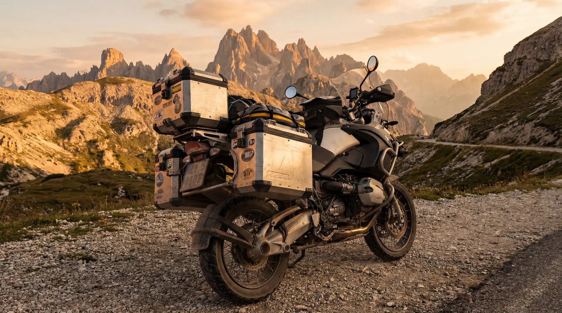 Moto de aventura con maletas de aluminio aparcada en un paso de montana al atardecer
