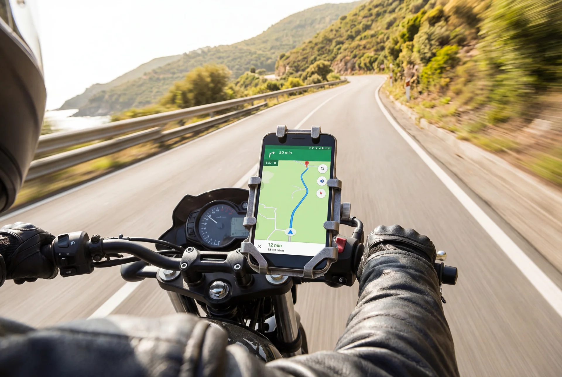 Motorista conduciendo por carretera costera mediterranea en verano con equipamiento ventilado de moto