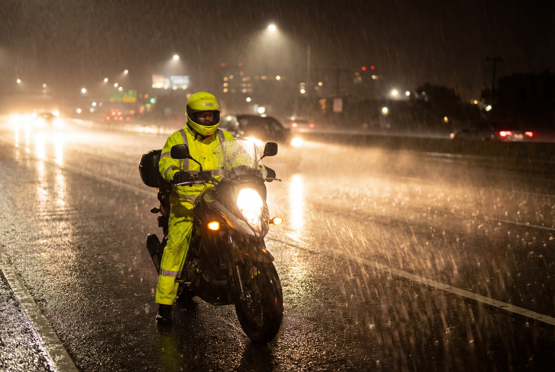Motorista con equipamiento de alta visibilidad en una ruta de verano con paisaje soleado