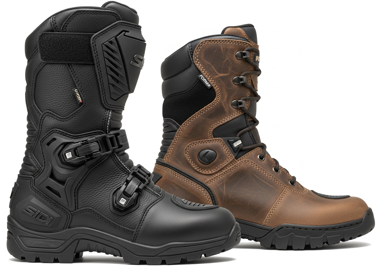 Botas moto adventure y trail guía 2026 - side view comparison of three adventure motorcycle boots: Si