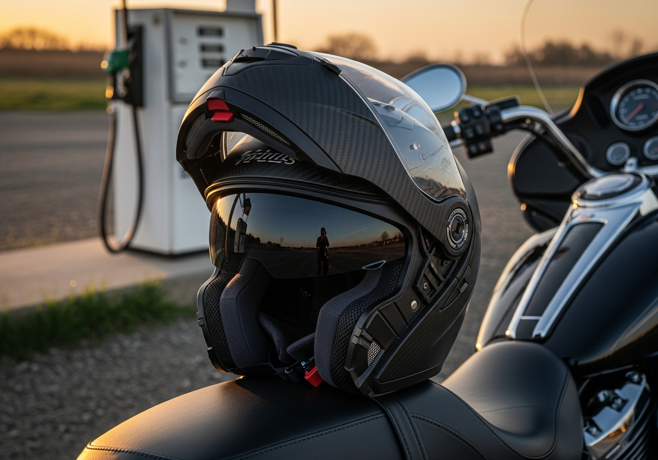 Casco modular moto ventajas, riesgos y mejores modelos - rider on touring motorcycle wearing modular helmet with chin