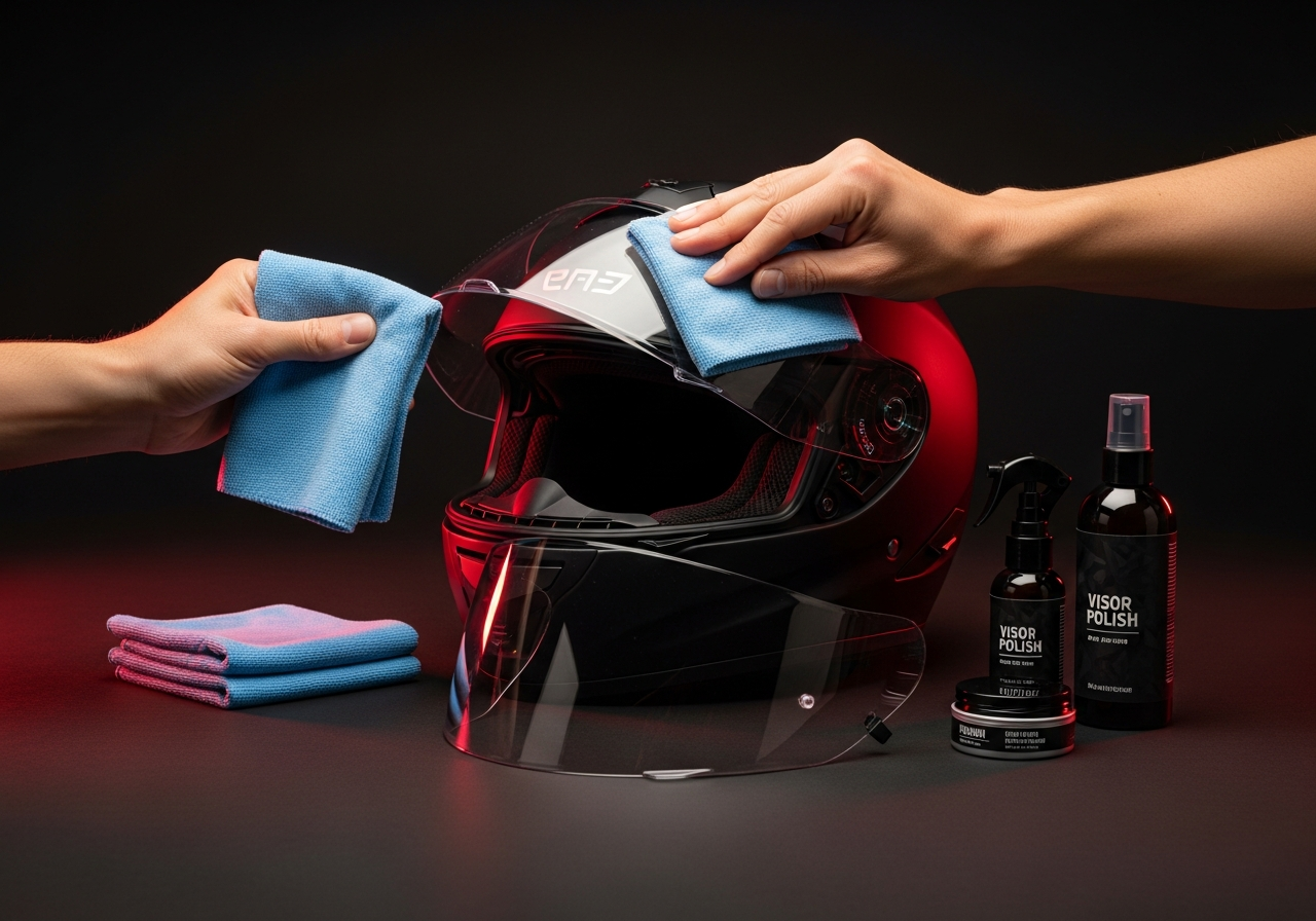 Cómo limpiar y mantener tu casco de moto - cleaning motorcycle helmet visor with microfiber cloth and s