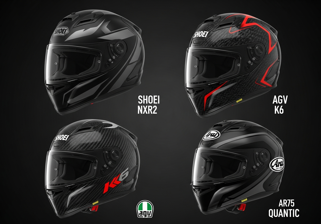 Cascos jet HJC, LS2 y Shark sobre moto scooter en entorno urbano
