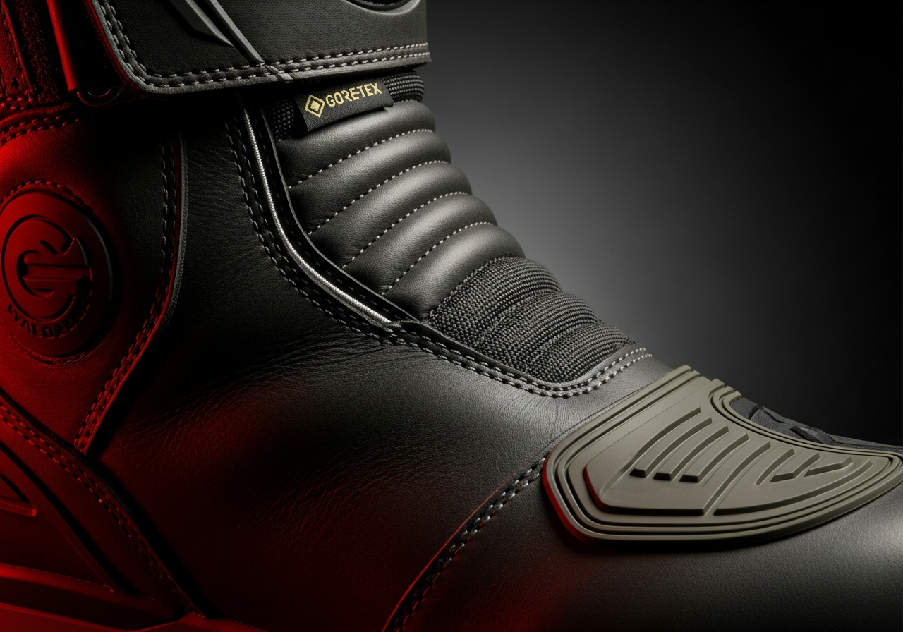 Botas moto touring 2026 comodidad y protección - side detail of touring motorcycle boot Gore-Tex waterproof s