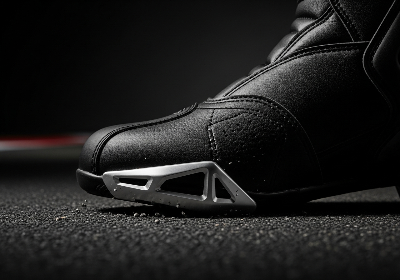 Botas moto - racing vs touring vs urbanas - cuál elegir - side profile detail of racing motorcycle boot magnesium toe 