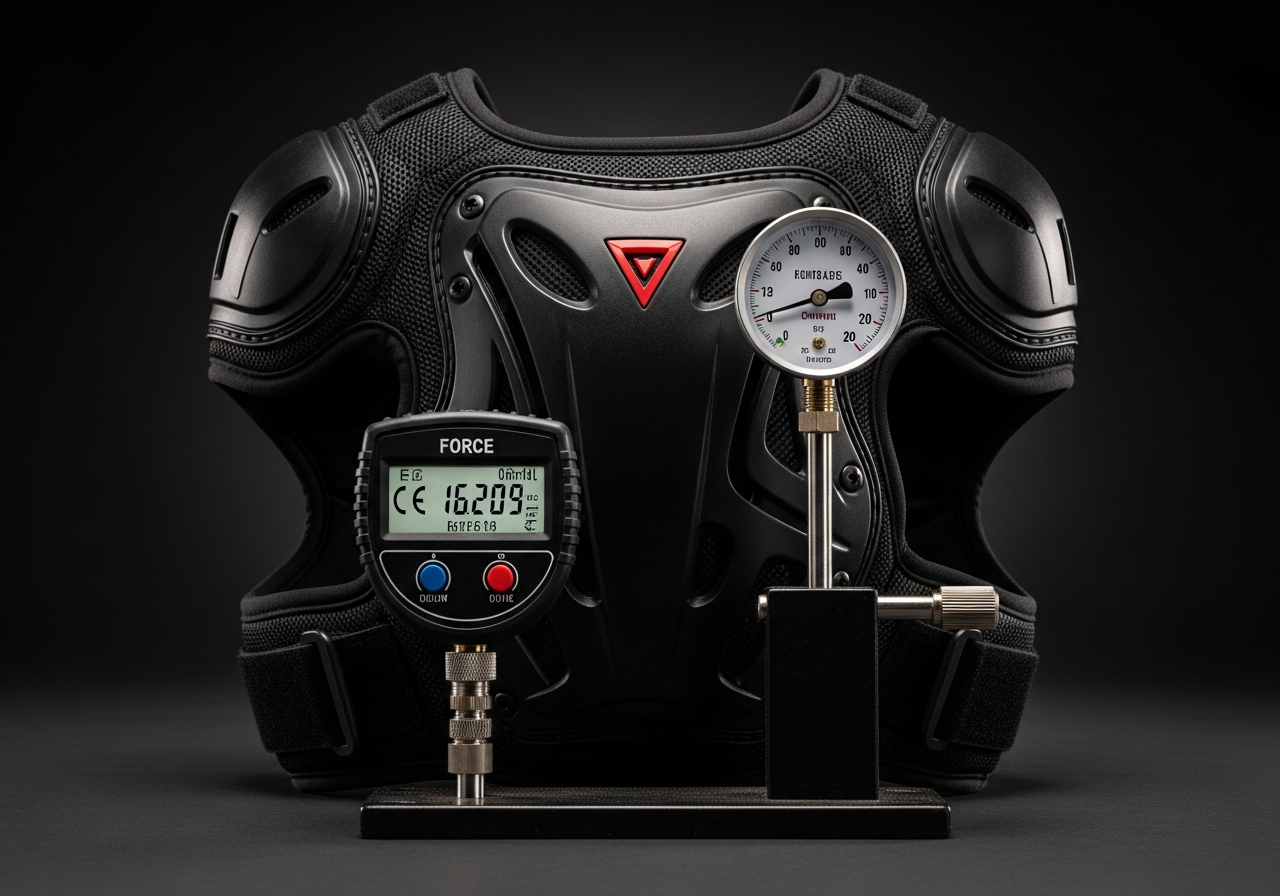 Cómo elegir chaqueta moto - CE level 1 vs 2 explicado - lab impact test motorcycle armor with force gauge readout di