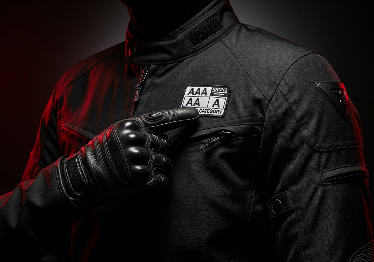 Cómo elegir chaqueta moto - CE level 1 vs 2 explicado - rider's hand pointing to AAA AA A category label on motorcyc