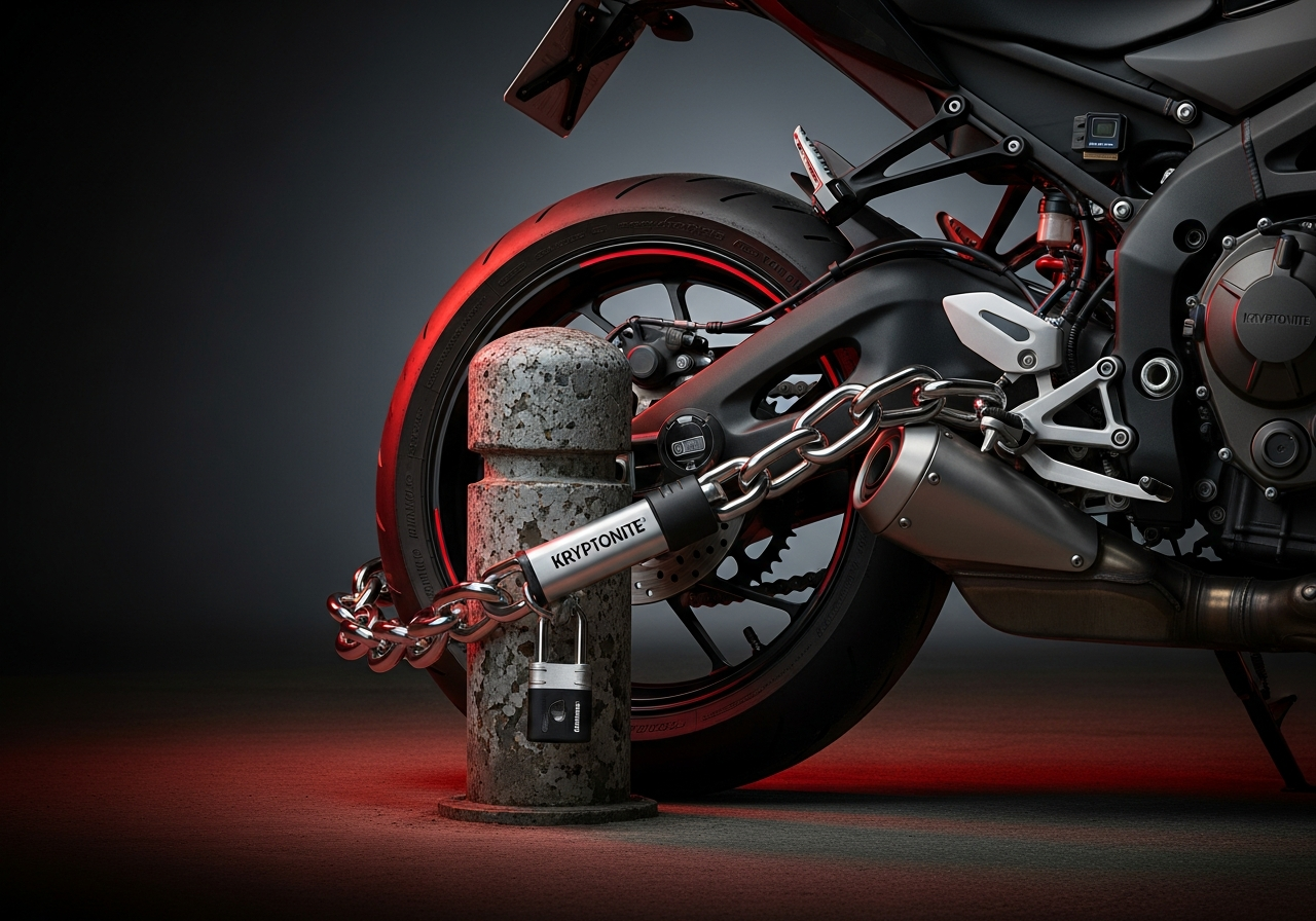 Antirrobo de moto - candados disco vs cadenas vs alarmas - heavy duty chain lock through motorcycle wheel and fixed bol