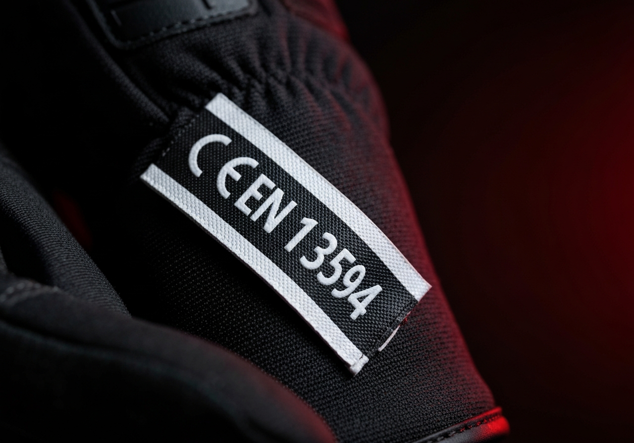 Guantes obligatorios en moto 2026- normativa, multas y que comprar - Macro close-up shot of motorcycle glove CE EN 13594 certific