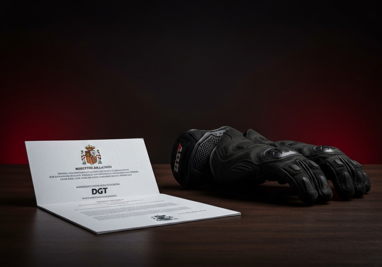 Equipamiento obligatorio para moto en Espana 2026- guia completa - Spanish DGT regulation document with official seal on desk b