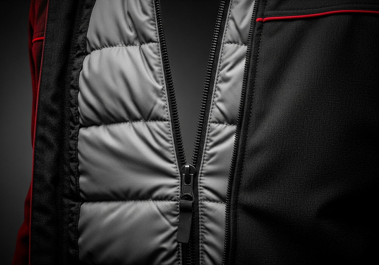 Como elegir chaqueta de moto- verano, invierno y 4 estaciones - Close-up of removable thermal liner being unzipped from insi