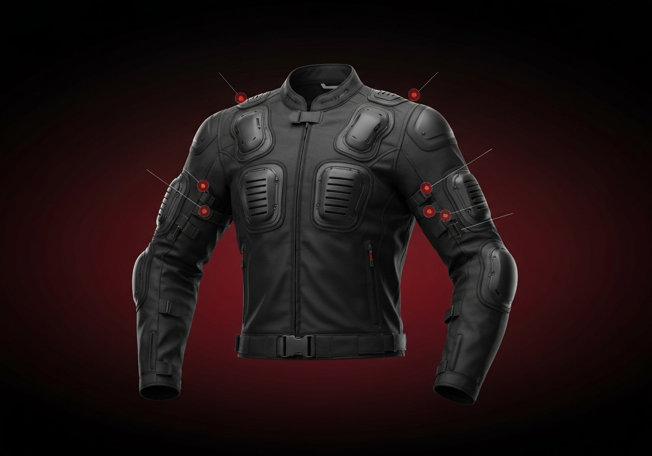 Protecciones moto CE- nivel 1 vs nivel 2, cual necesitas - Exploded technical diagram of motorcycle jacket showing armo