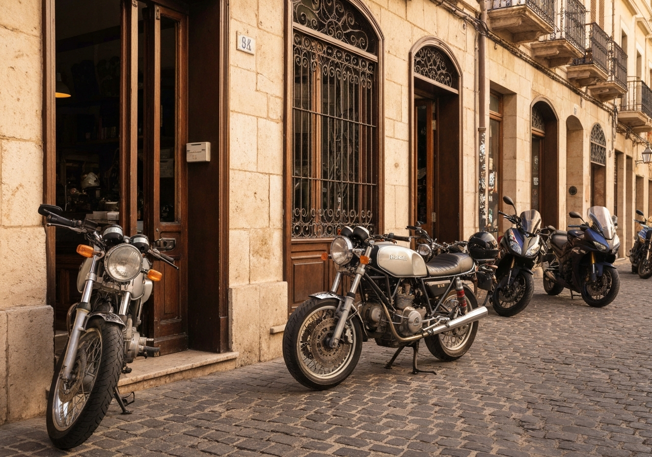 Tiendas de moto en Valencia- donde comprar equipamiento - Storefront of Valencia motorcycle equipment shop with motorb