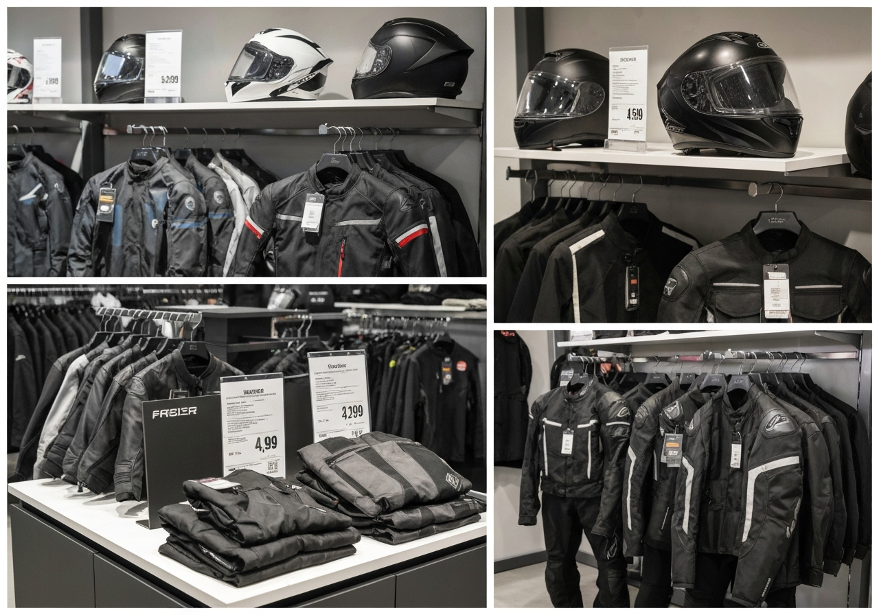 Tiendas de moto en Valencia- donde comprar equipamiento - Close-up of price tags and product information cards on moto