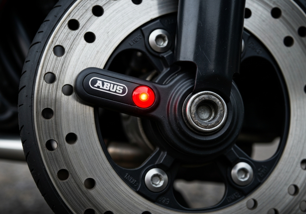 Antirrobo moto- 7 formas de evitar que te roben la moto - Macro close-up of ABUS Granit Detecto disc brake lock attach