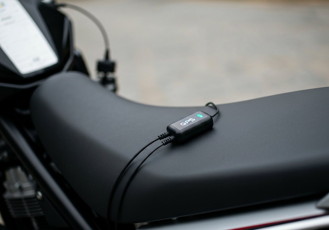 Antirrobo moto- 7 formas de evitar que te roben la moto - Black GPS tracker device with antenna being hidden under mot