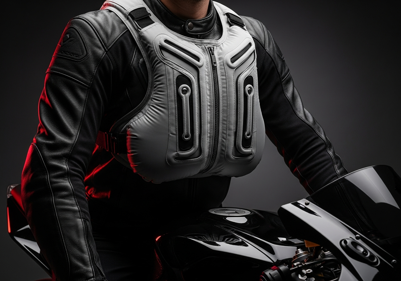 Airbag moto- como funciona y merece la pena en 2026 - Motorcyclist body torso wearing inflated airbag vest over ja