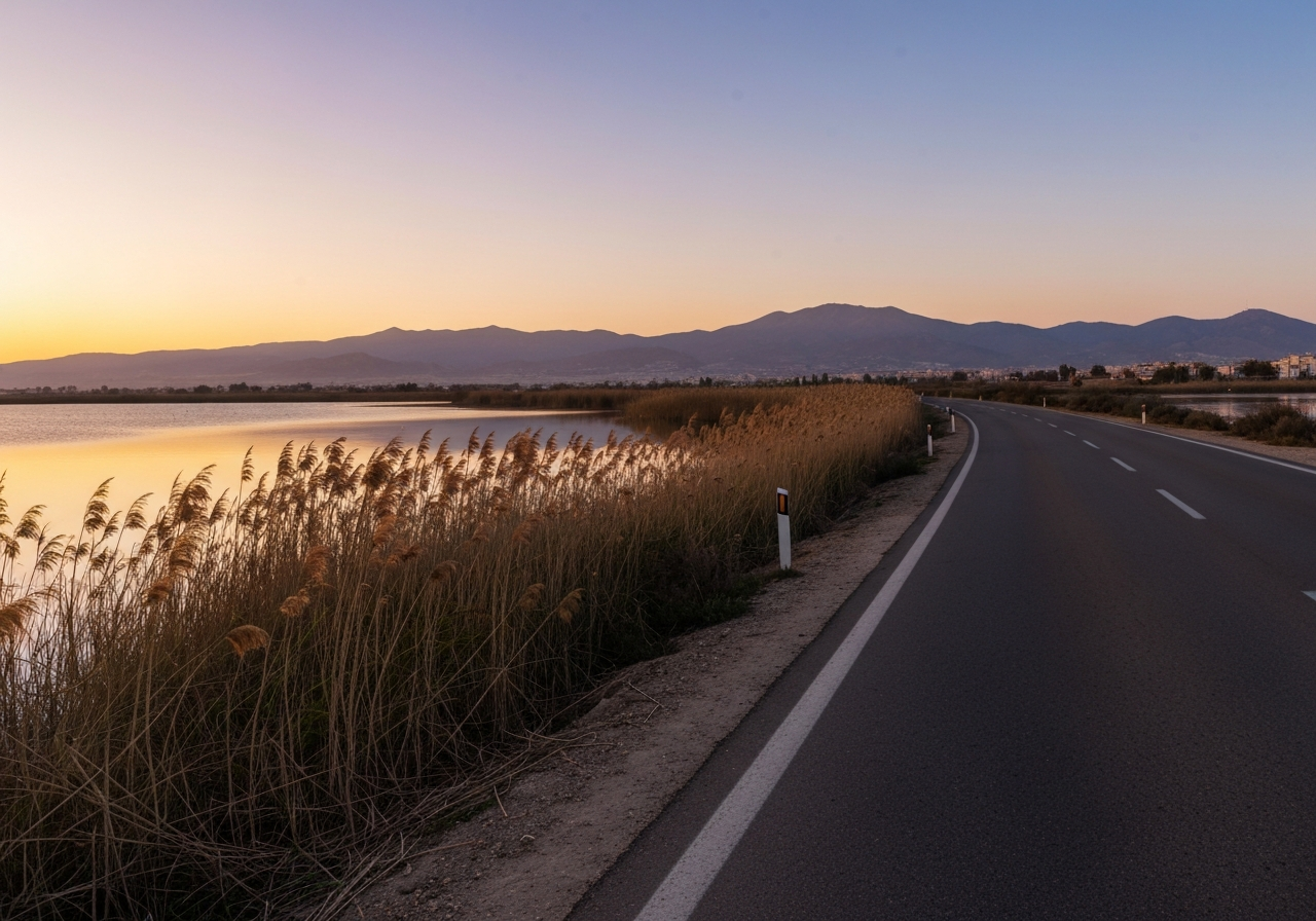 Mejores rutas en moto cerca de Valencia - Wide shot of Valencia coastal road CV-500 along Albufera lak