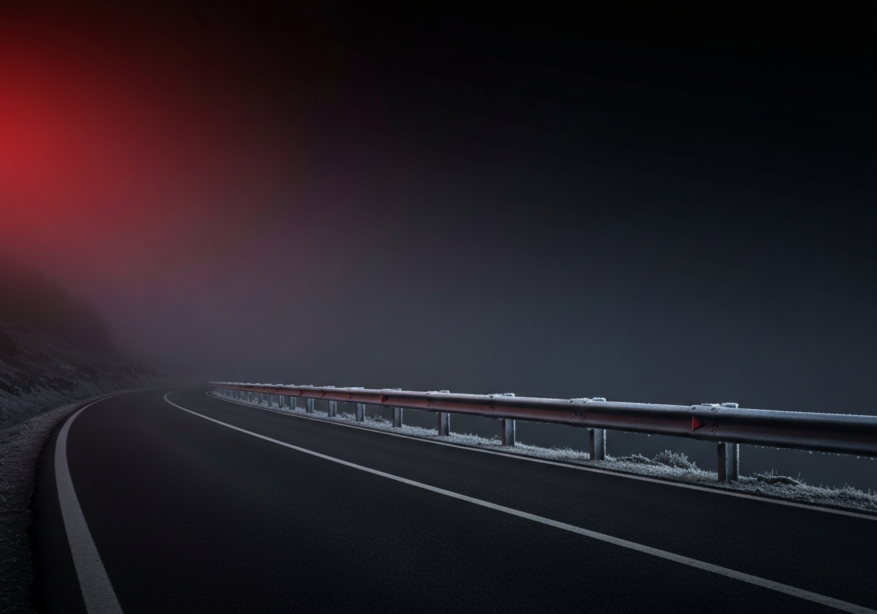 Equipamiento moto para invierno- guia anti-frio completa - Misty mountain road at dawn with frost on guardrail, cold wi