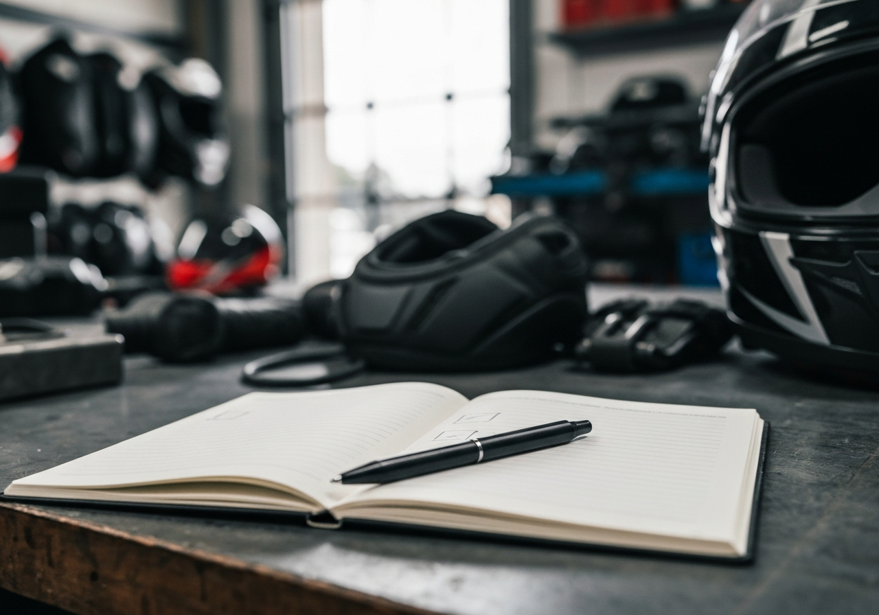 Equipamiento moto para principiantes- tu primer dia - Open notebook with motorcycle gear checklist beside pen on g