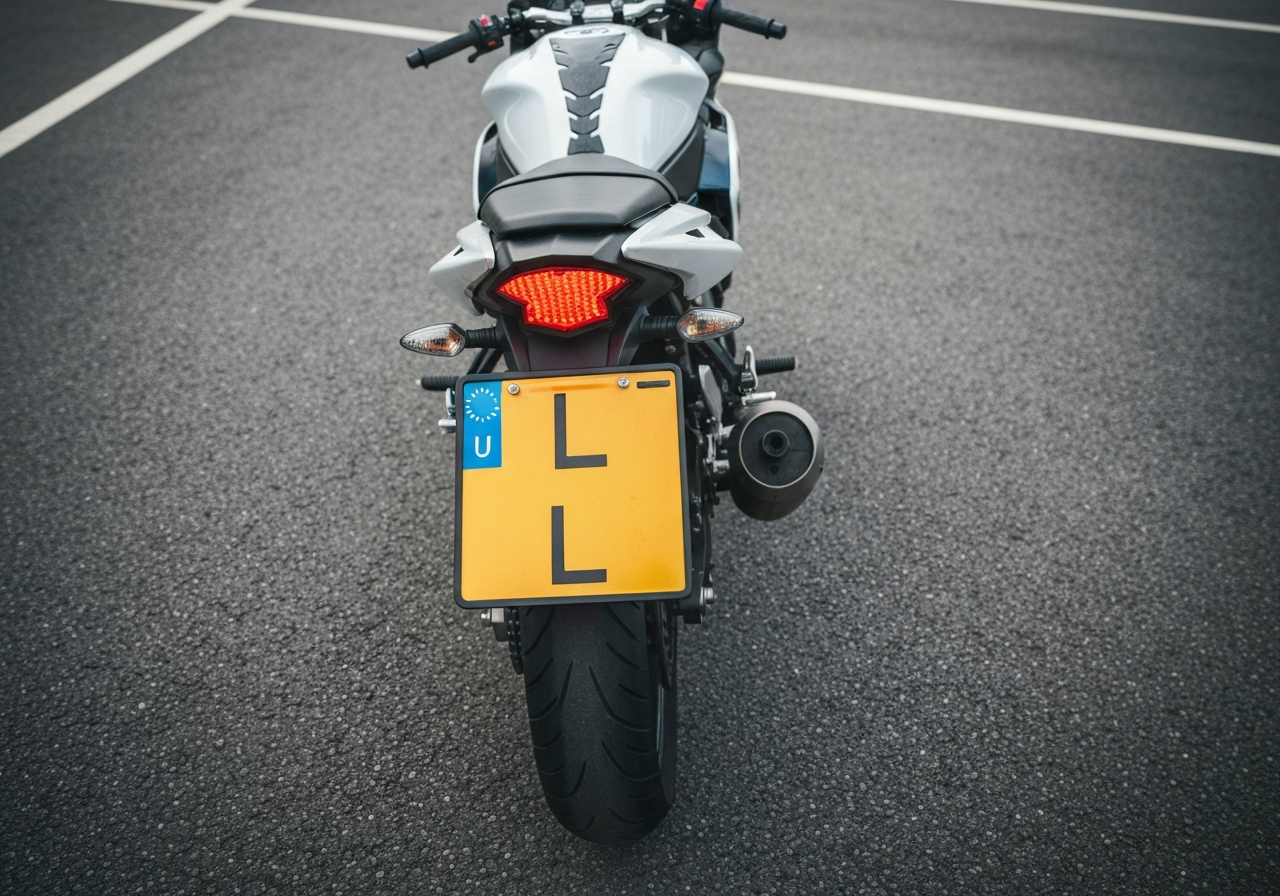 Equipamiento moto para principiantes- tu primer dia - Motorcycle driving school L plate visible attached to rear o