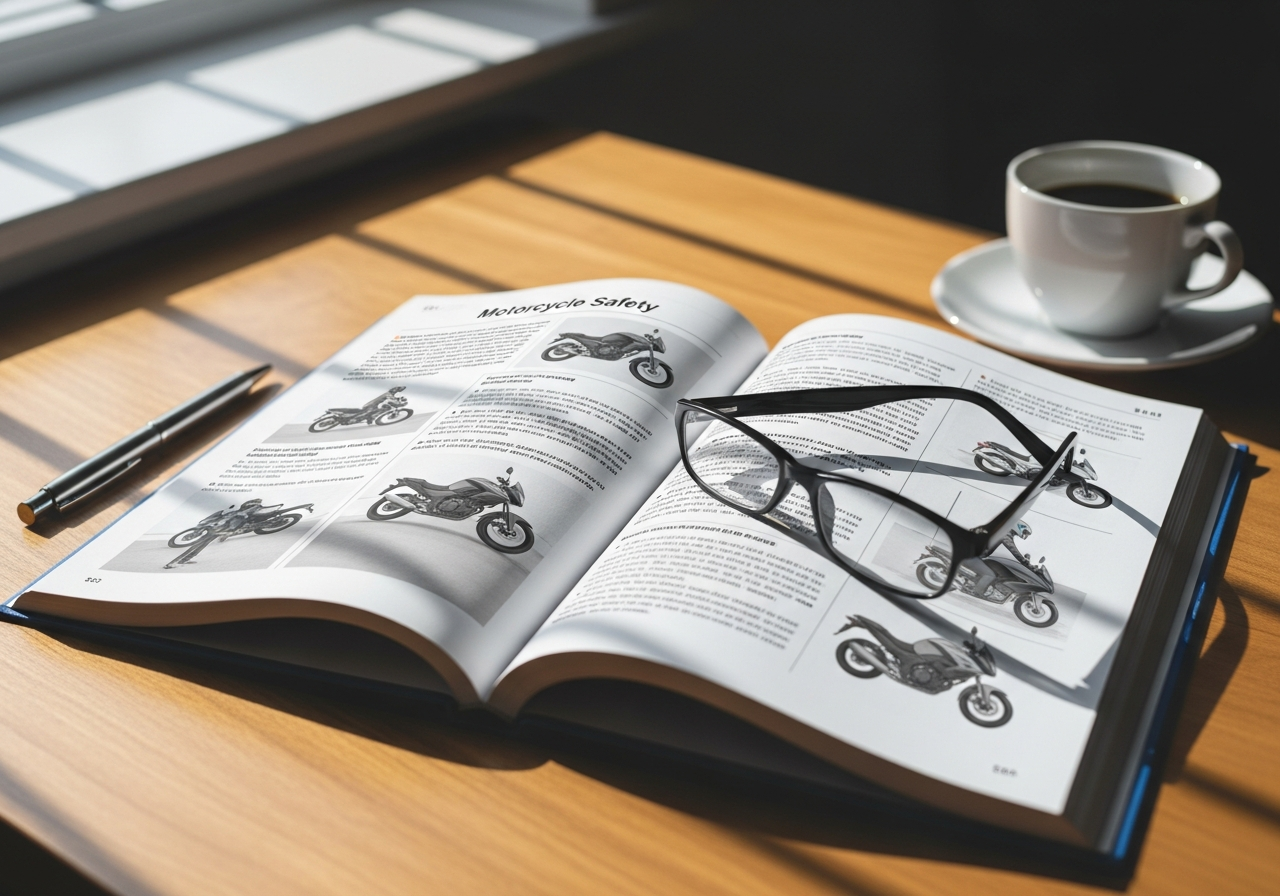 Equipamiento moto para principiantes- tu primer dia - Driving school instructor manual book opened to motorcycle s