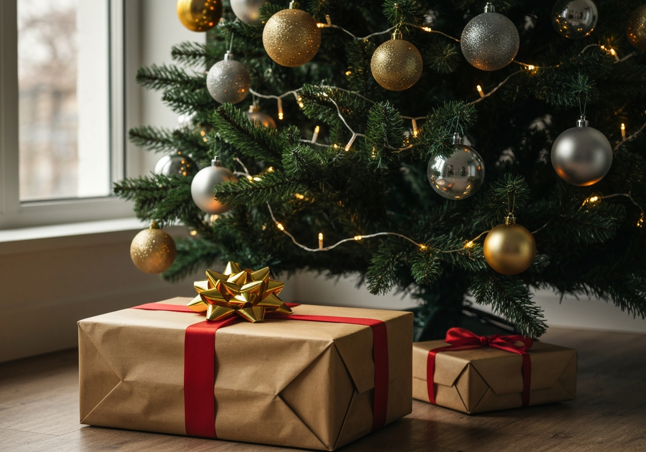Regalos para motoristas- ideas por presupuesto - Red wrapped premium gift box with golden ribbon under Christ