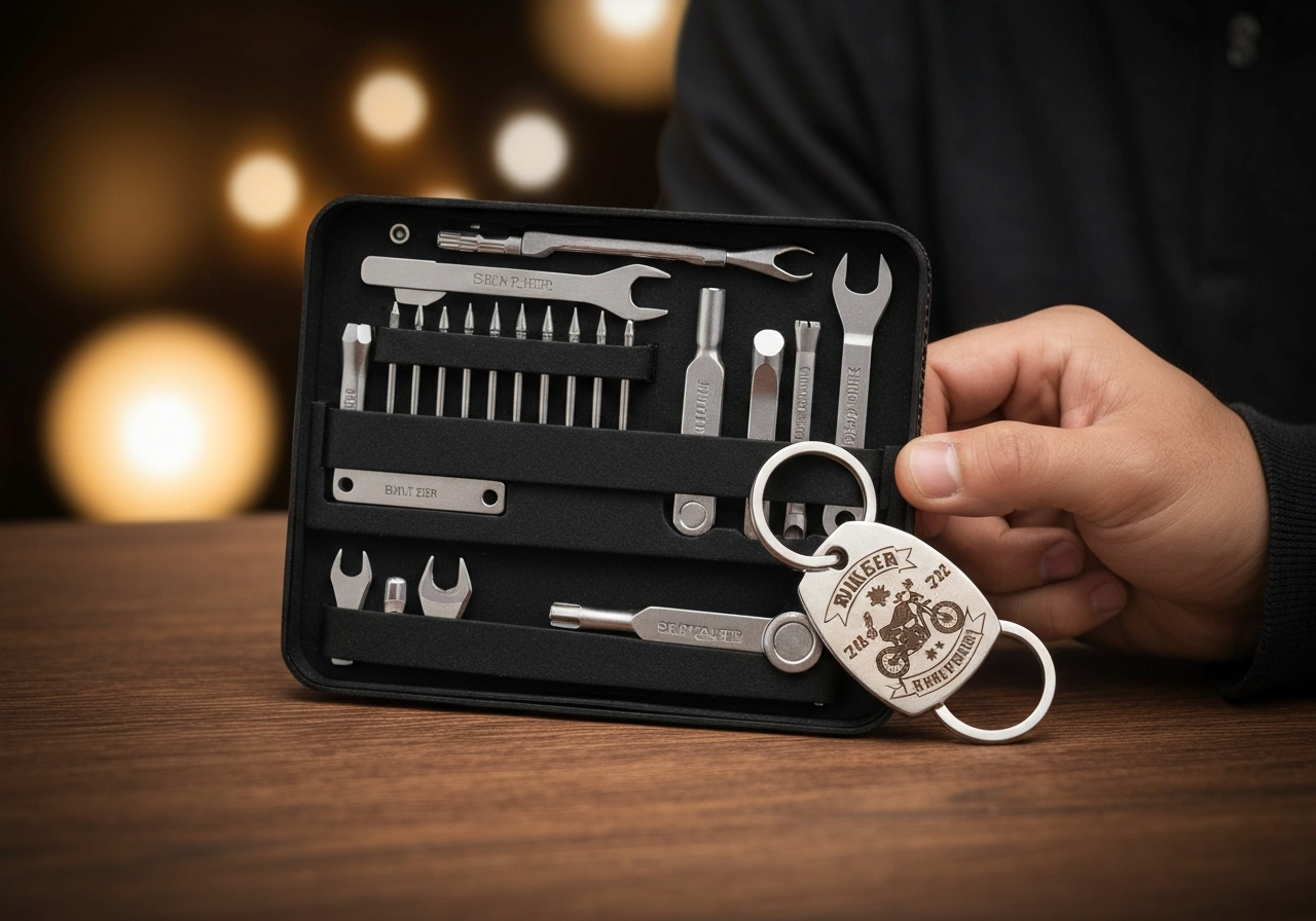 Regalos para motoristas- ideas por presupuesto - Personalized engraved motorcycle keychain and tool kit gift 