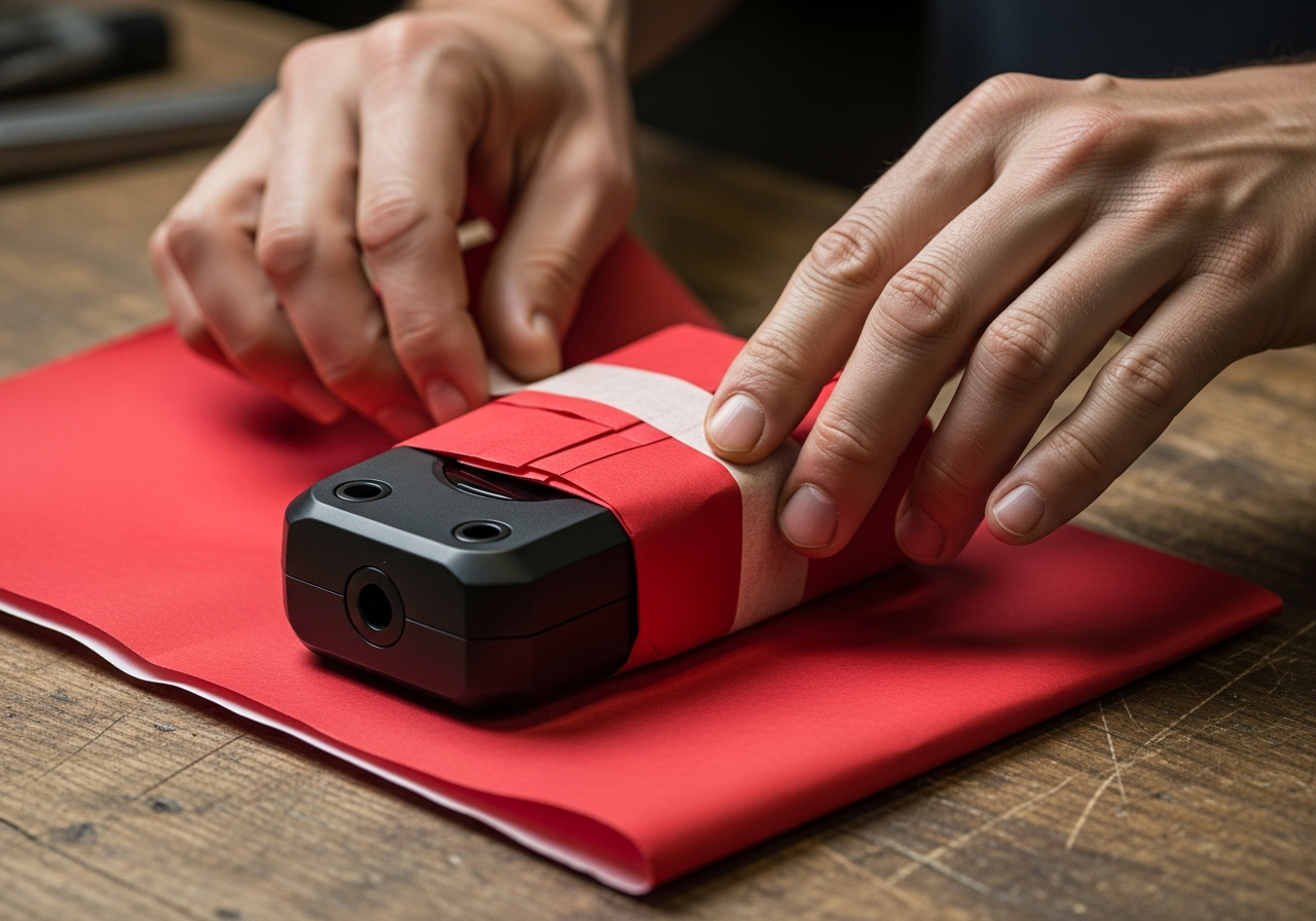 Regalos para motoristas- ideas por presupuesto - Hands wrapping motorcycle intercom in red gift paper at work