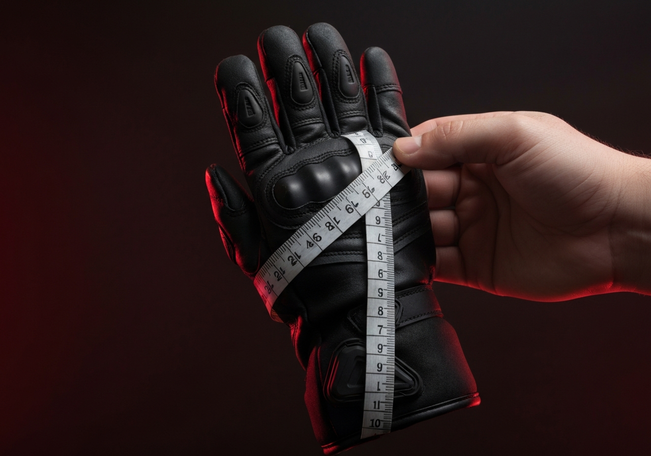 Guia de tallas ropa moto- chaquetas, guantes y botas por marca - Hand measuring tape wrapping around motorcycle glove for siz