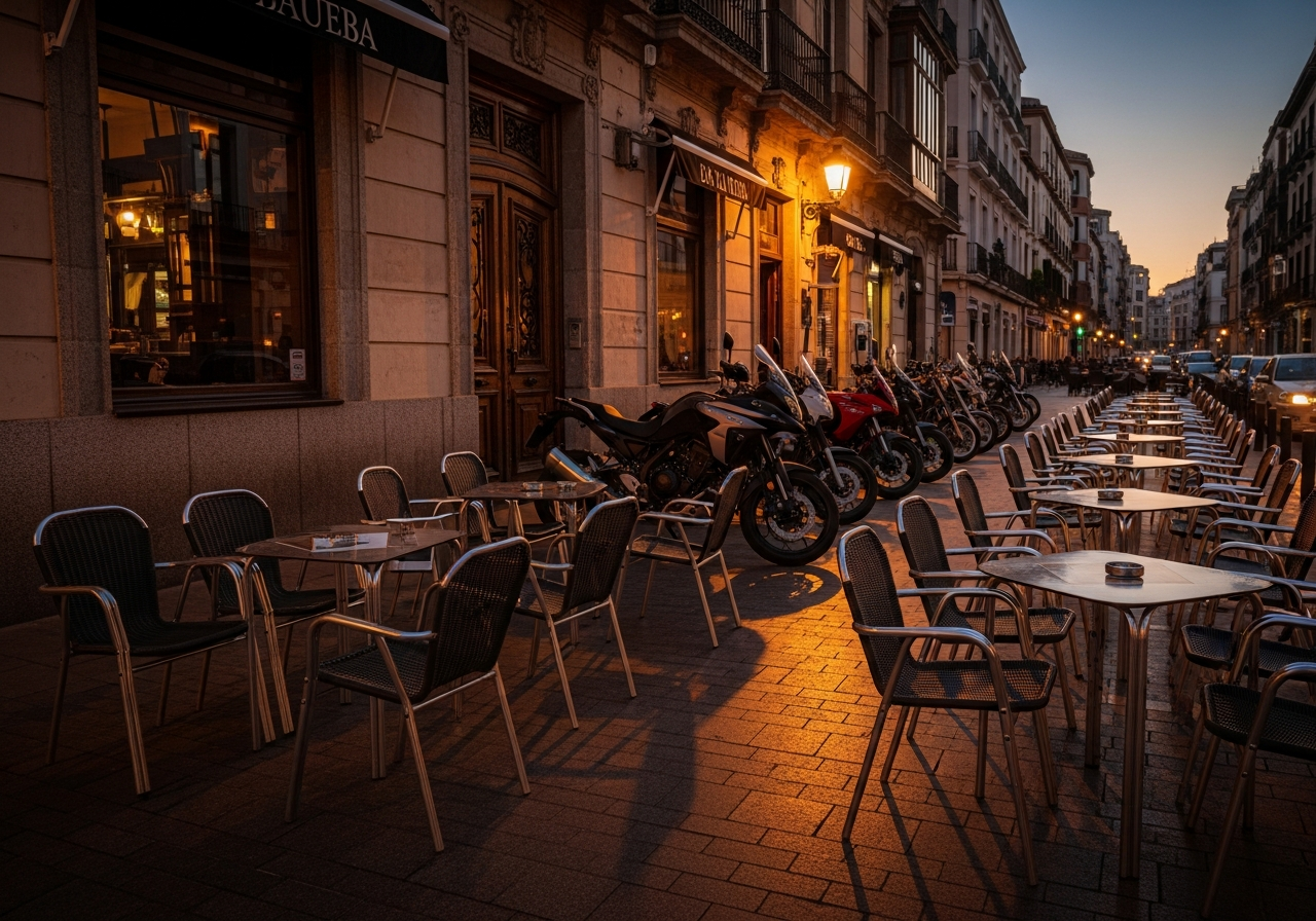 Comunidad motera Valencia- eventos, quedadas y clubes 2026 - Cafe terrace with motorcycles parked outside in line, Spanis