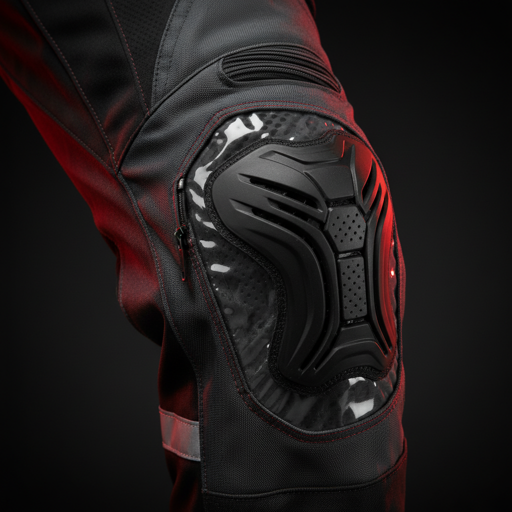 Pantalón moto hombre 2026: guía por tipo de ruta - Macro armor knee insert in motorcycle riding pants with CE L