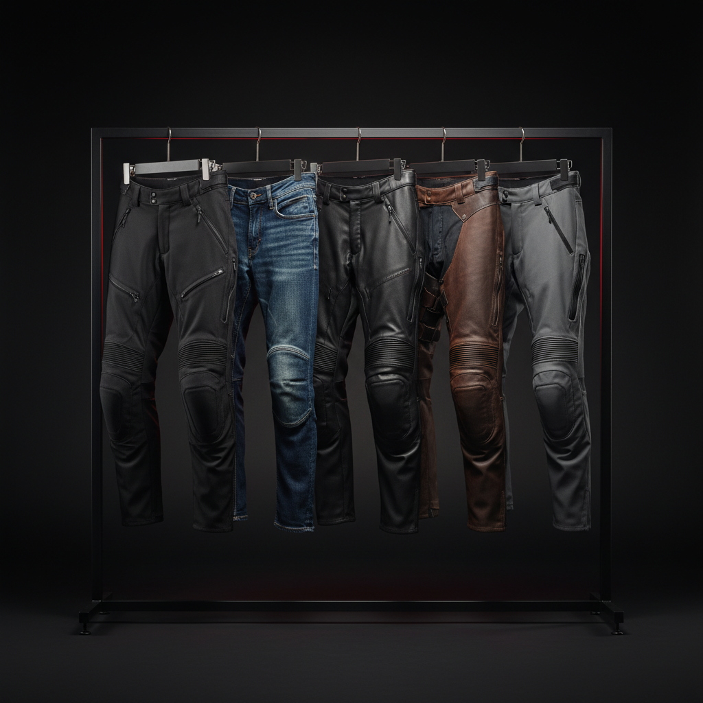 Pantalón moto hombre 2026: guía por tipo de ruta - Men's motorcycle pants brand lineup on rack: textile, jeans,