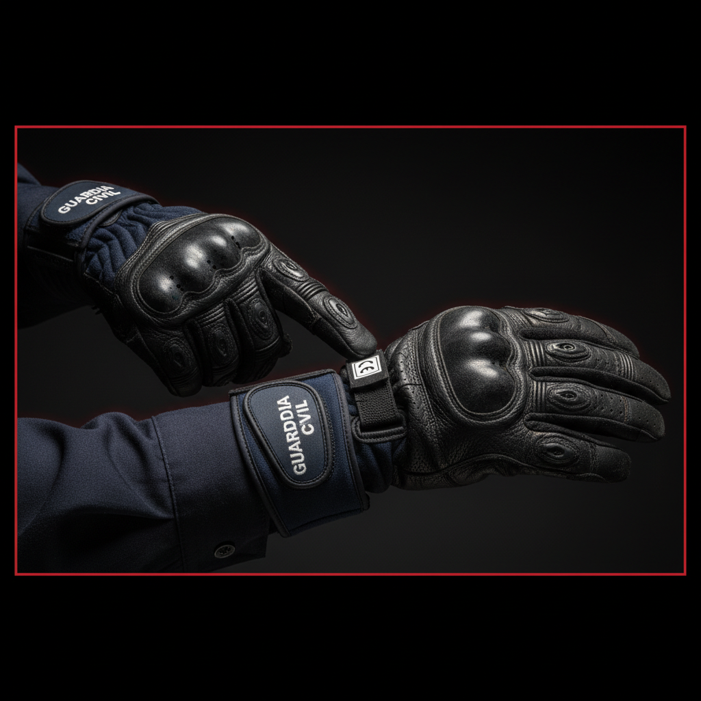 Guantes de moto obligatorios DGT 2026 · qué cumplen - Spanish Guardia Civil officer hand pointing at CE label on m