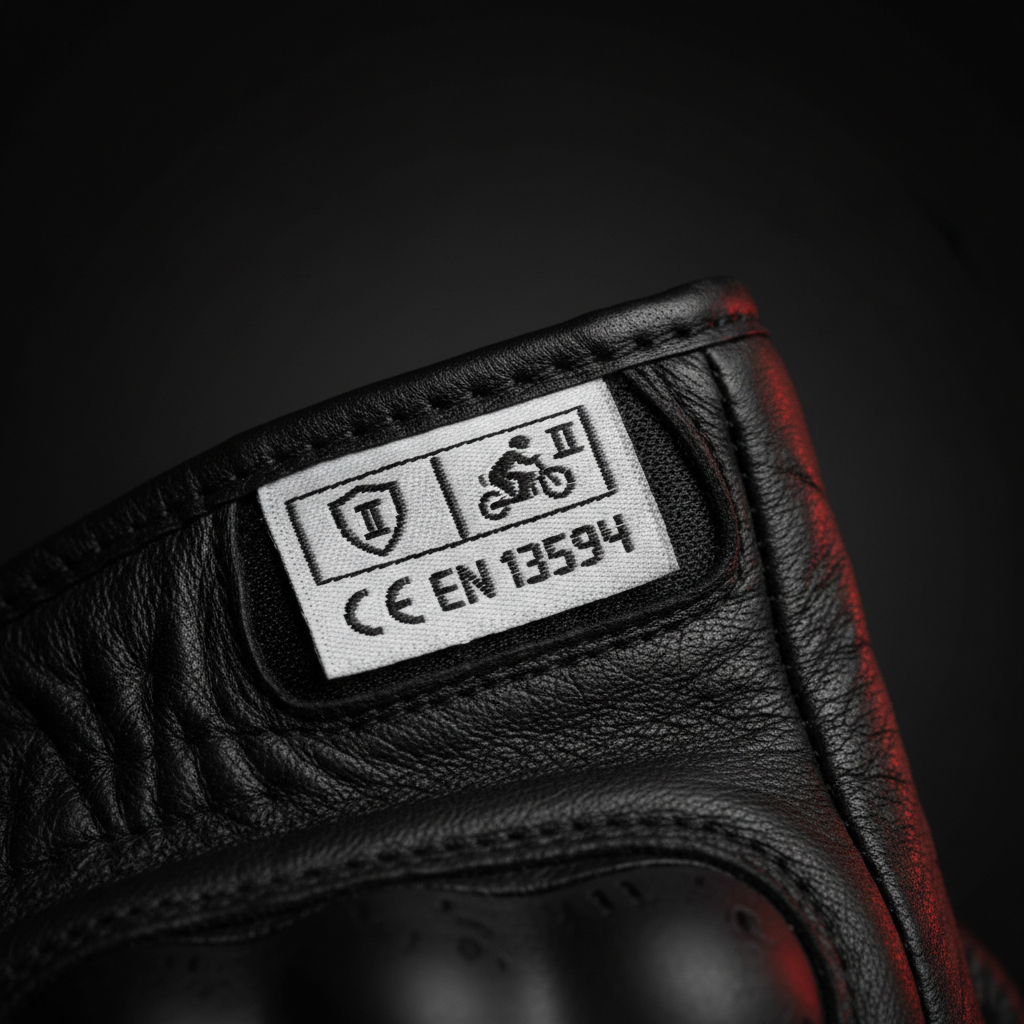 Guantes de moto obligatorios DGT 2026 · qué cumplen - Macro CE EN 13594 label inside motorcycle glove cuff with ty
