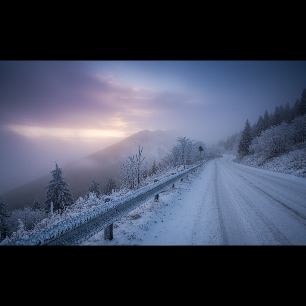 Equipación moto invierno · capas y térmicos efectivos - Misty mountain road in winter with frost on guardrail at daw