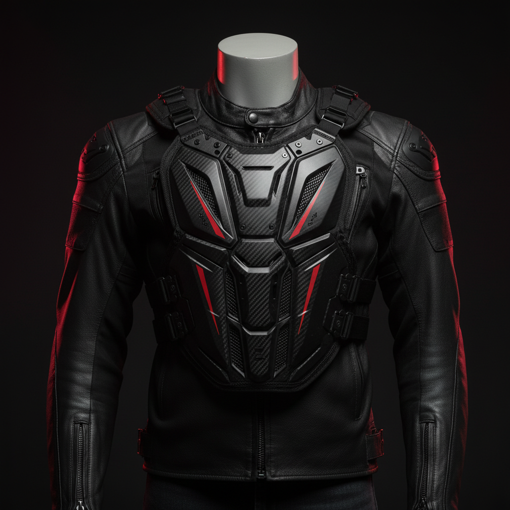 Protecciones moto · espalderas, petos, rodilleras - External chest protector vest worn over motorcycle jacket on
