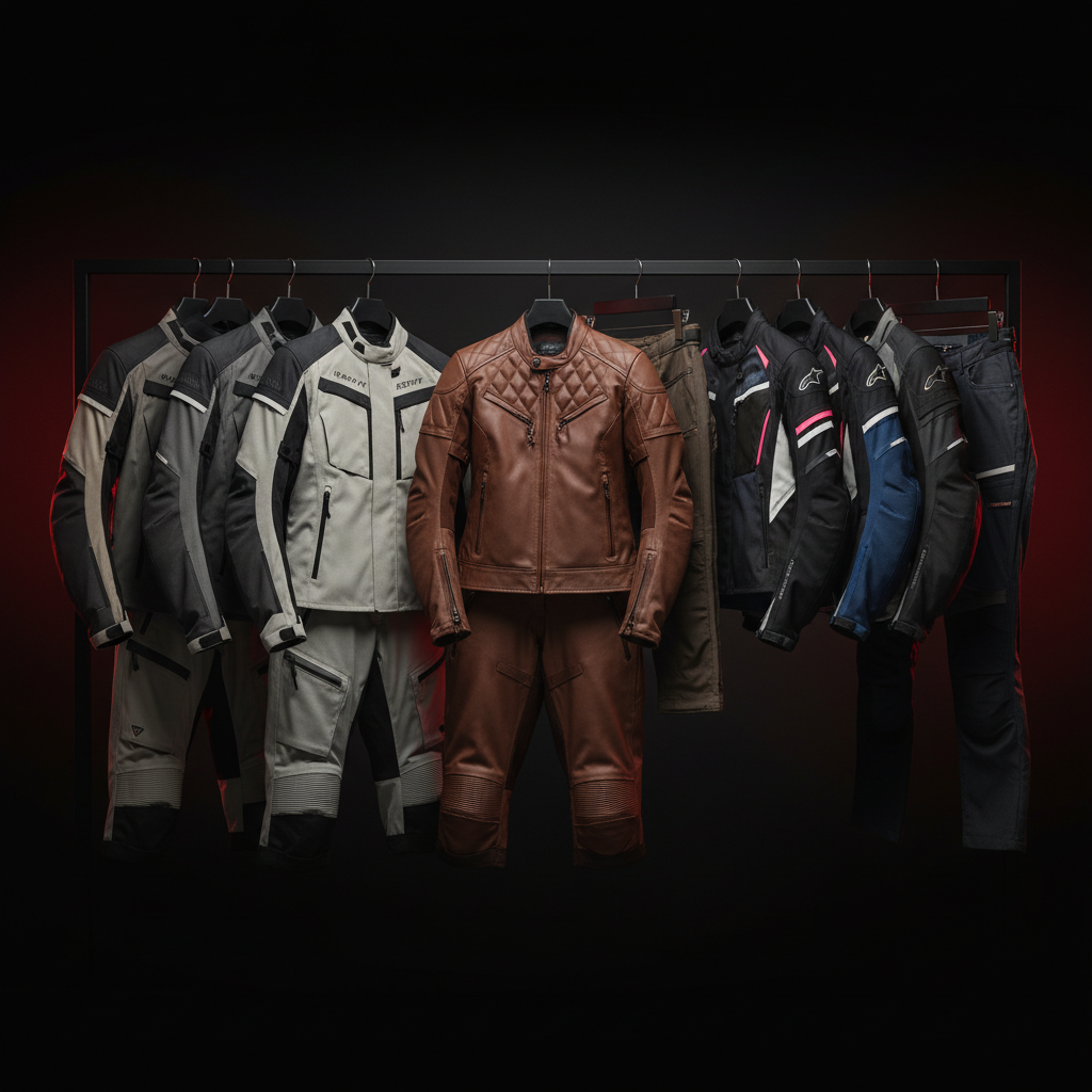 Equipación moto mujer · marcas, tallas y diferencias 2026 - Women motorcycle gear collection on retail rack: Rev'it Sand