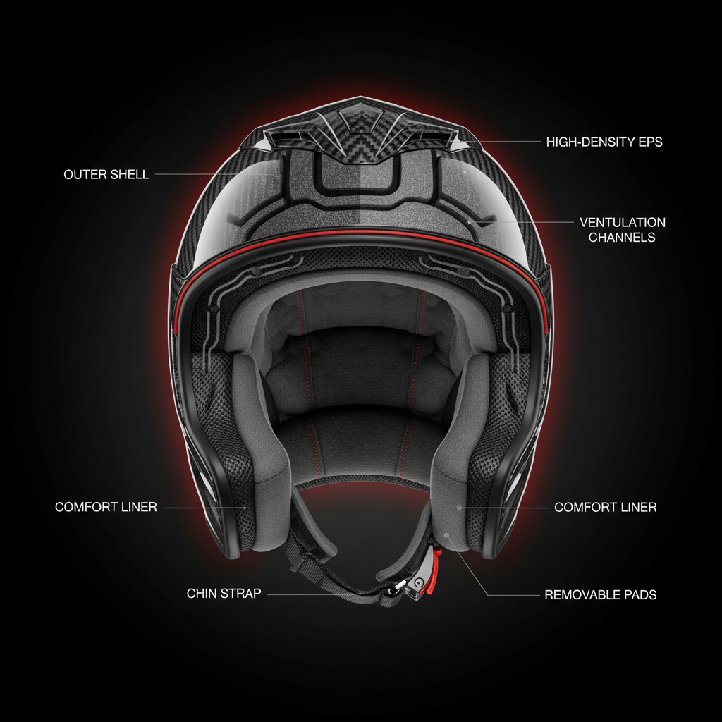 Partes del casco de moto · anatomía completa explicada · 2026 - Labeled cross-section diagram of motorcycle helmet internal 