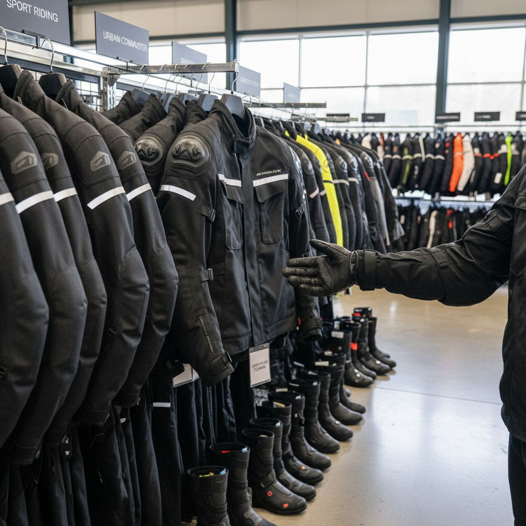 Equipación moto outlet · guía completa por uso 2026 · València - Customer hand browsing motorcycle gear by riding style categ