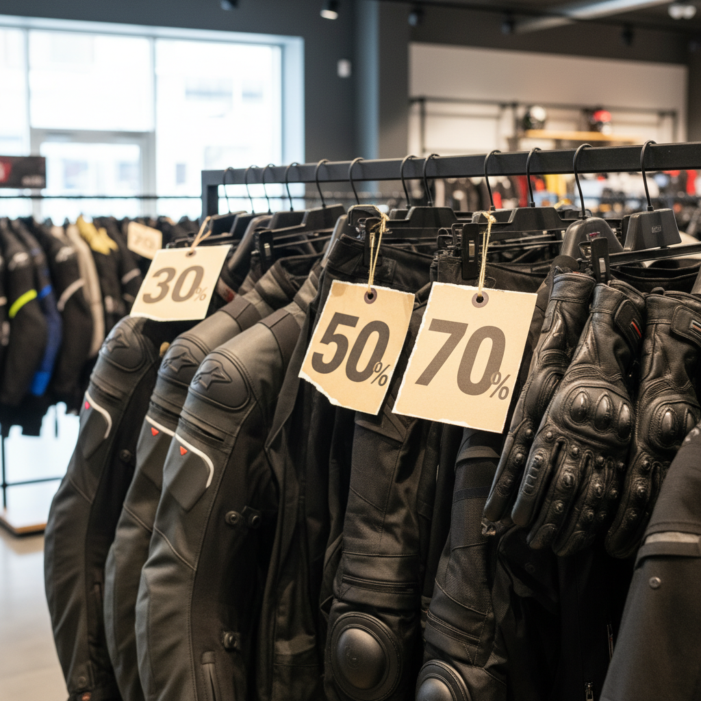 Equipación moto outlet · guía completa por uso 2026 · València - Outlet sale tags showing 30 50 70 percent discounts on premi