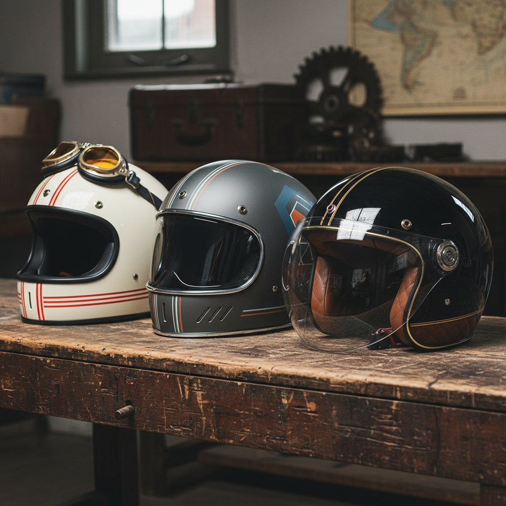 Cascos café racer vintage 2026: estilo retro homologado ECE 22.06 - Three retro cafe racer style motorcycle helmets lined up on 