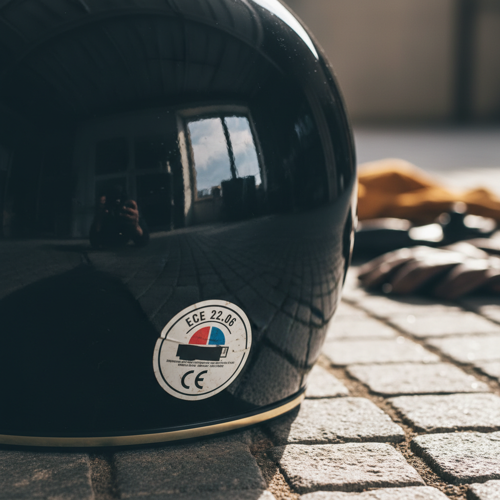 Cascos café racer vintage 2026: estilo retro homologado ECE 22.06 - ECE 22.06 certification sticker on rear shell of vintage sty