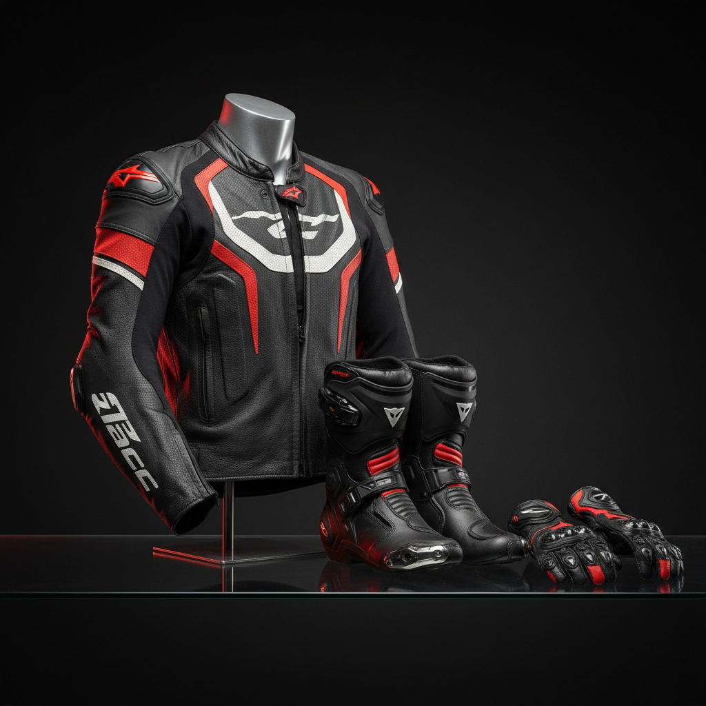 Alpinestars outlet 2026: todo el catálogo con descuento en Valencia - Three pieces of motorcycle racing gear displayed: cuero raci