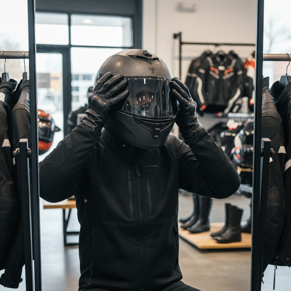 Casco moto outlet 2026: cómo elegir el mejor y dónde comprarlo - Customer shopper hands trying on motorcycle helmet in front 