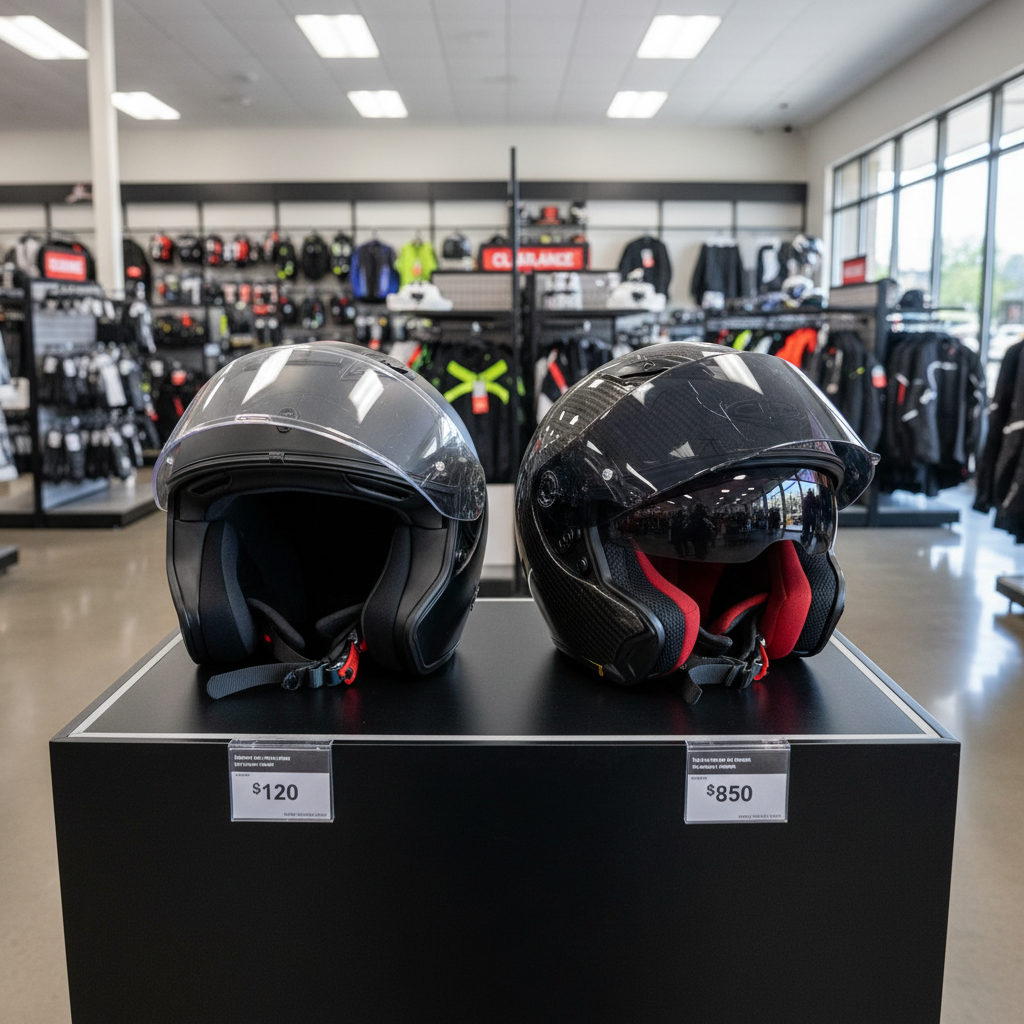 Casco moto outlet 2026: cómo elegir el mejor y dónde comprarlo - Budget motorcycle helmet next to premium motorcycle helmet s